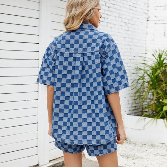 Denim shirt and shorts set women checkerboard button up two piece outfit, back view