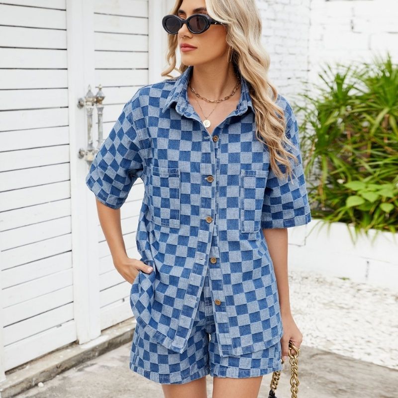 Denim shirt and shorts set women checkerboard button up two piece outfit