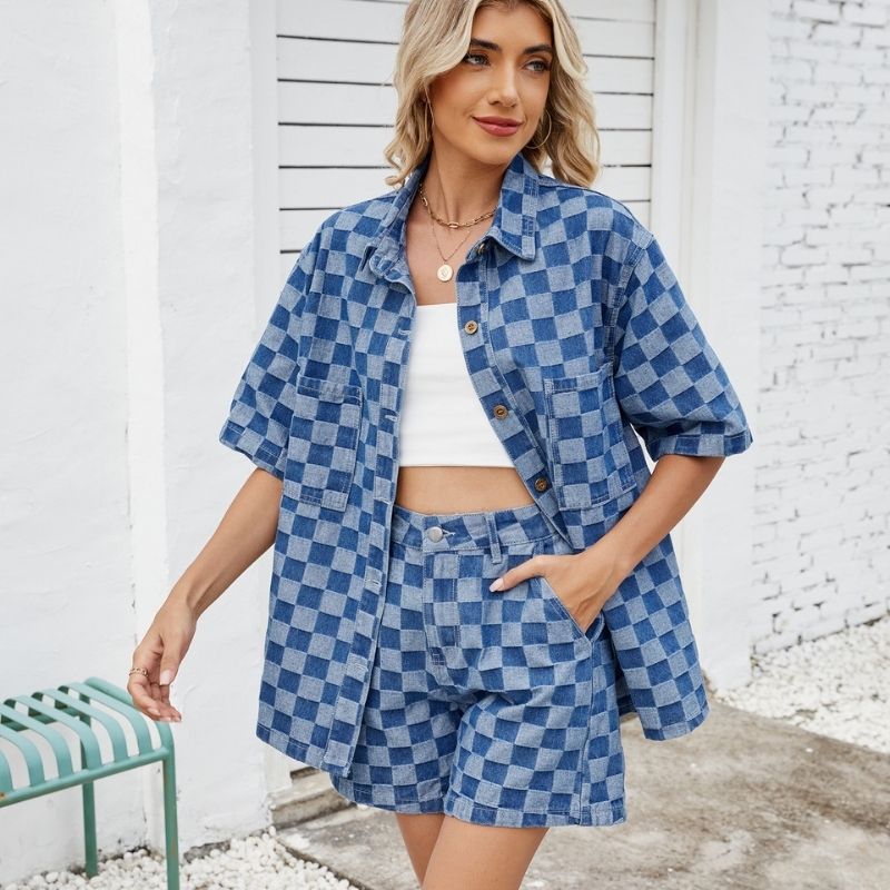 Denim shirt and shorts set women button up two piece outfit, front view