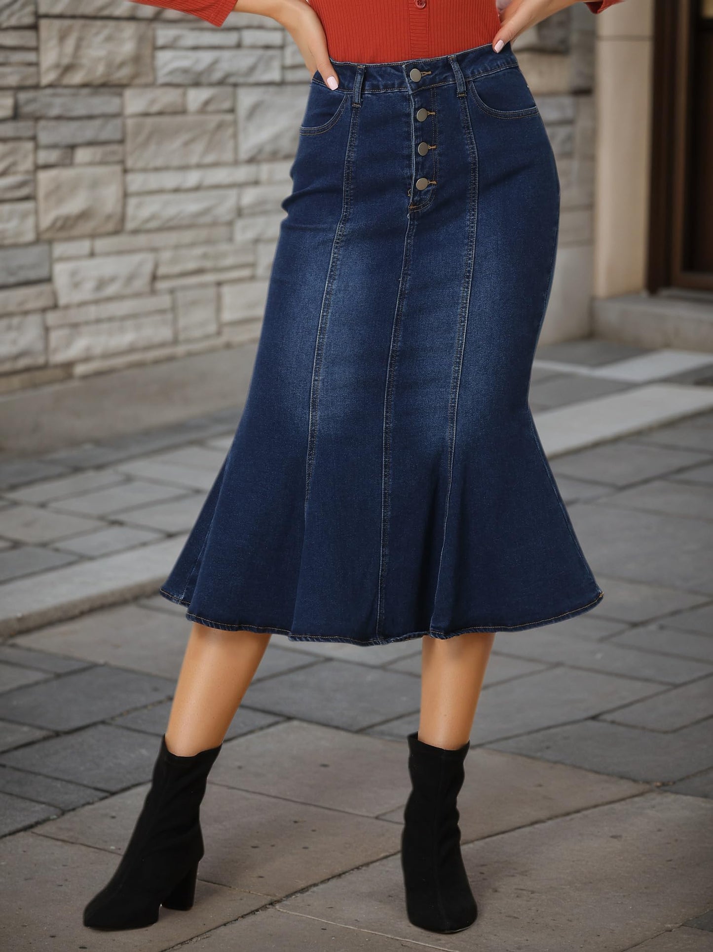 Denim Skirt for Women's Washed Fishtail Jeans Skirt Midi Skirt