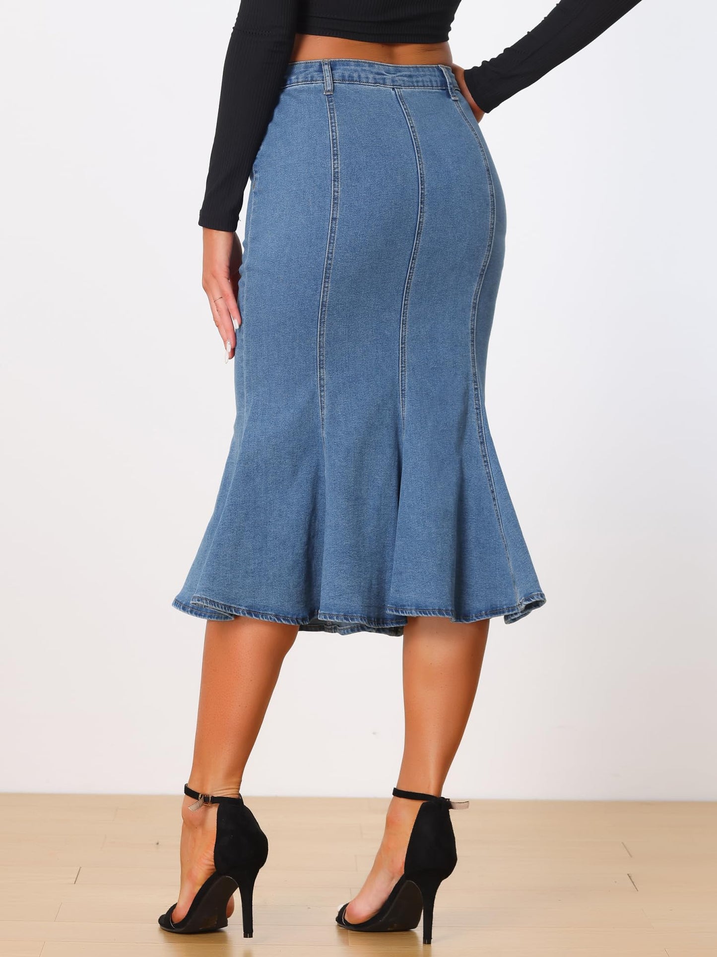 Denim Skirt for Women's Washed Fishtail Jeans Skirt Midi Skirt