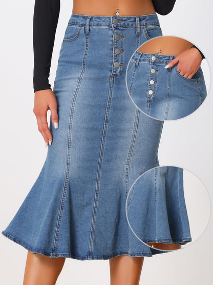 Denim Skirt for Women's Washed Fishtail Jeans Skirt Midi Skirt