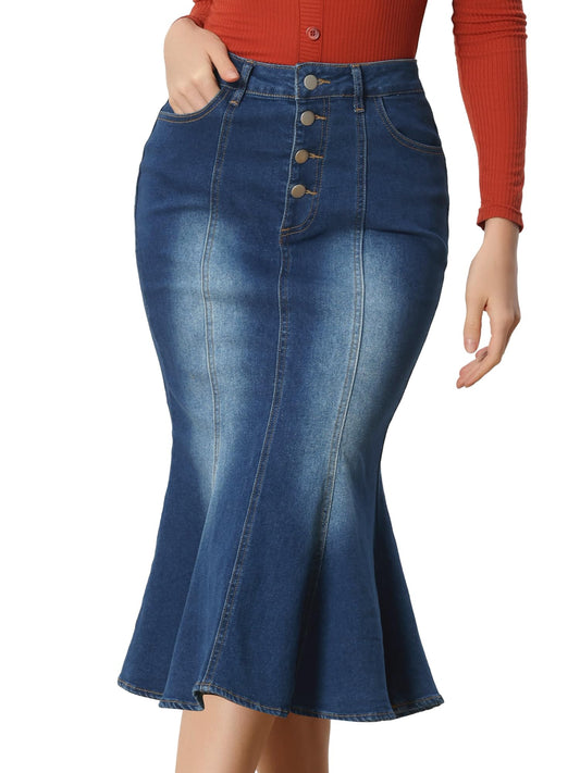 Denim Skirt for Women's Washed Fishtail Jeans Skirt Midi Skirt