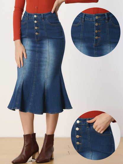 Denim Skirt for Women's Washed Fishtail Jeans Skirt Midi Skirt