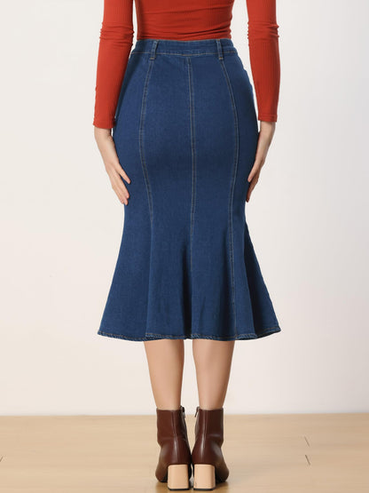Denim Skirt for Women's Washed Fishtail Jeans Skirt Midi Skirt