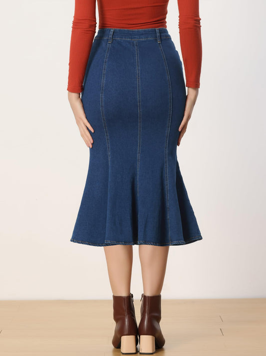 Denim Skirt for Women's Washed Fishtail Jeans Skirt Midi Skirt