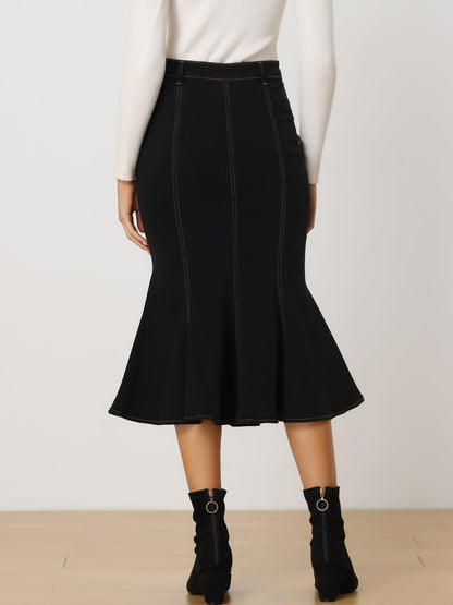 Denim Skirt for Women's Washed Fishtail Jeans Skirt Midi Skirt