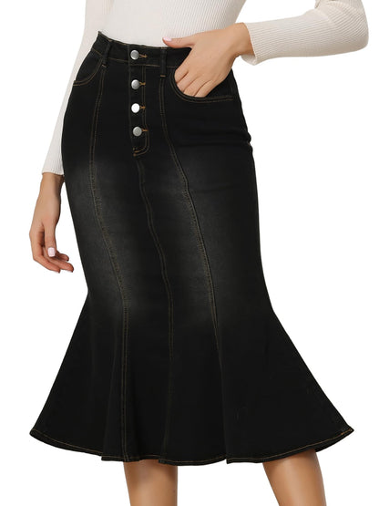 Denim Skirt for Women's Washed Fishtail Jeans Skirt Midi Skirt