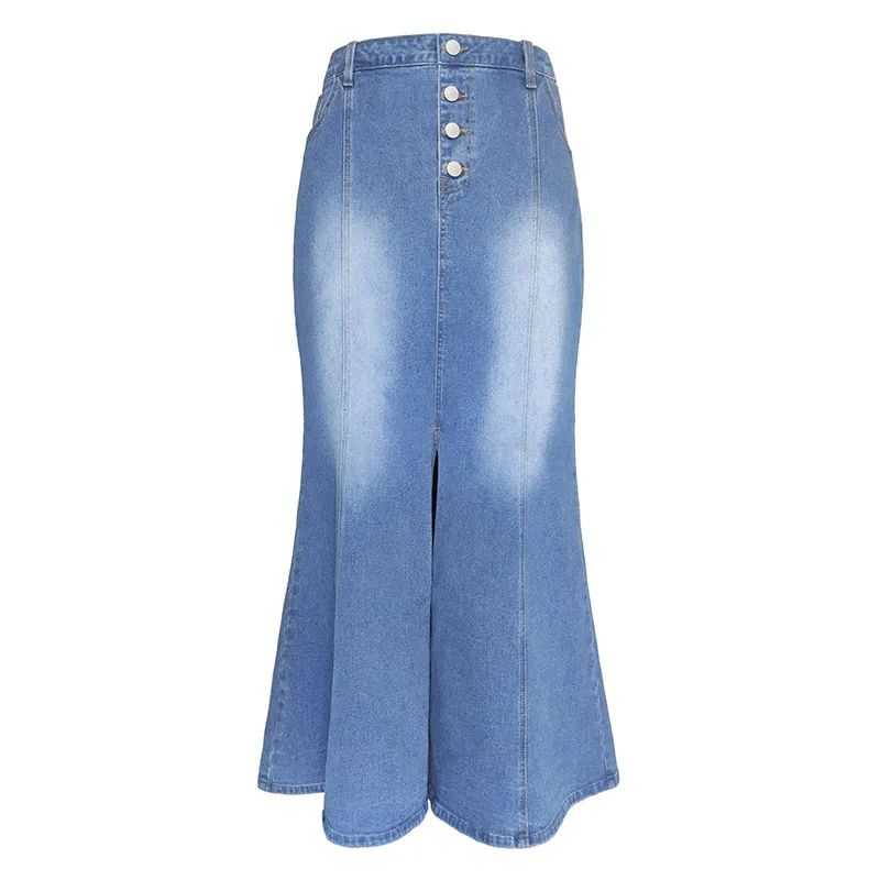 Jeansrock für Damen, verwaschener Fischschwanz-Jeansrock, Midirock