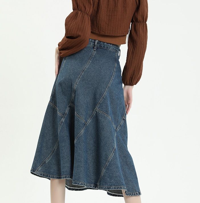 Jeansrock für Damen, verwaschener Fischschwanz-Jeansrock, Midirock