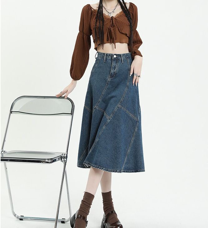 Jeansrock für Damen, verwaschener Fischschwanz-Jeansrock, Midirock