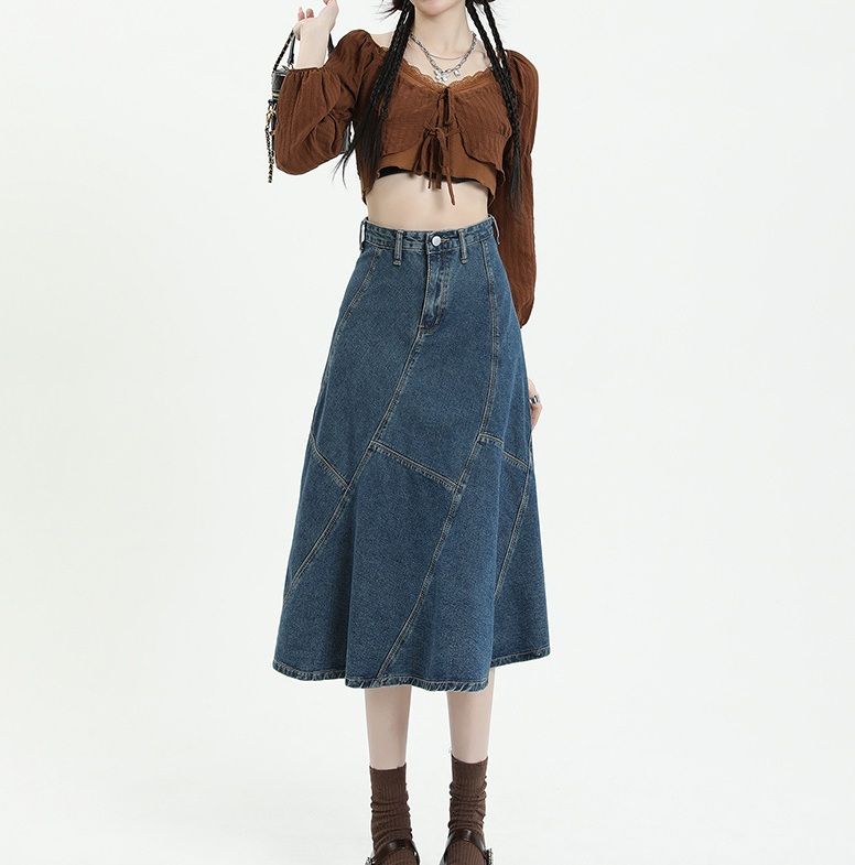 Jeansrock für Damen, verwaschener Fischschwanz-Jeansrock, Midirock