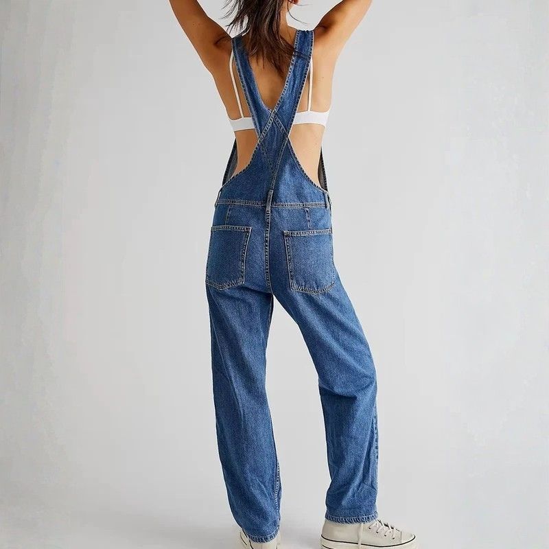 Denim overalls jumpsuit rompers women baggy bib jeans in navy, back view