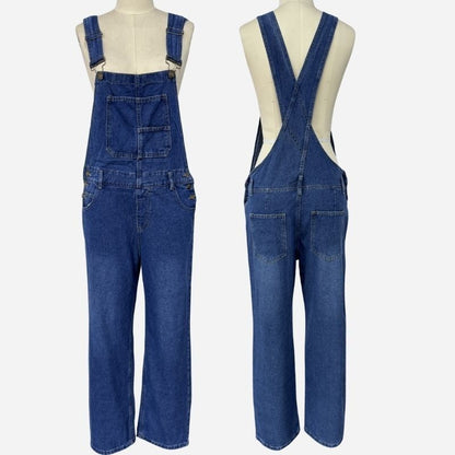Denim overalls jumpsuit rompers women baggy bib jeans in navy, front and back views