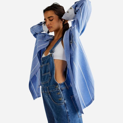 Denim overalls jumpsuit rompers women baggy bib jeans in navy, side view