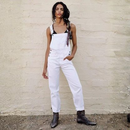Denim overalls jumpsuit rompers women baggy bib jeans in white, front view