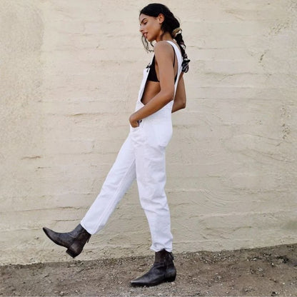 Denim overalls jumpsuit rompers women baggy bib jeans in white, side view