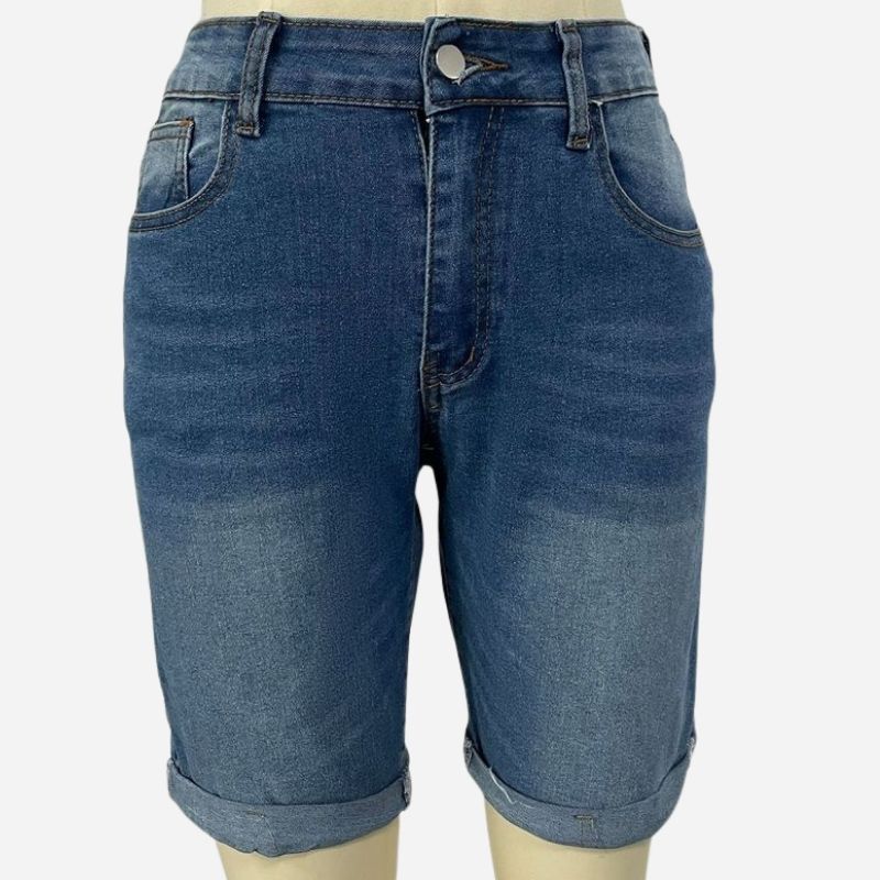 Denim shorts stretch cuffed skinny jean short pants for men, front view