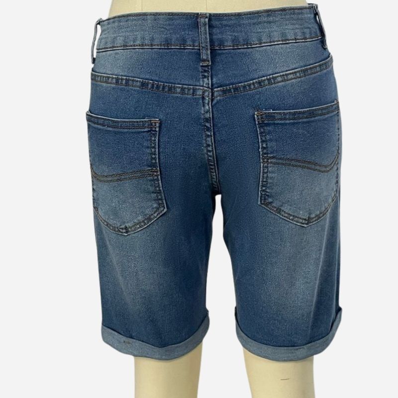 Denim shorts stretch cuffed skinny jean short pants for men, back view