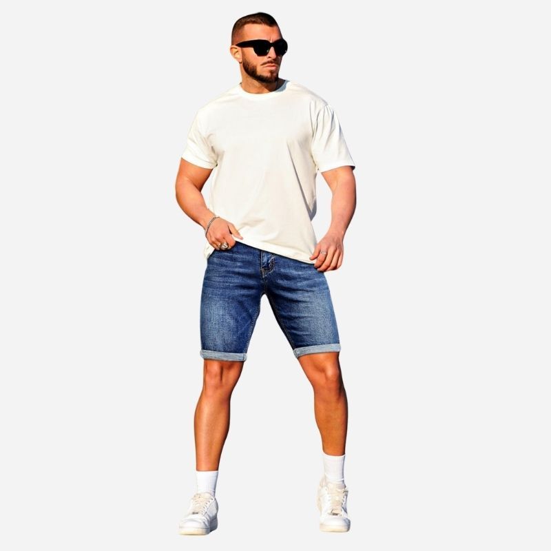Denim shorts stretch cuffed skinny jean short pants for men in navy, front view