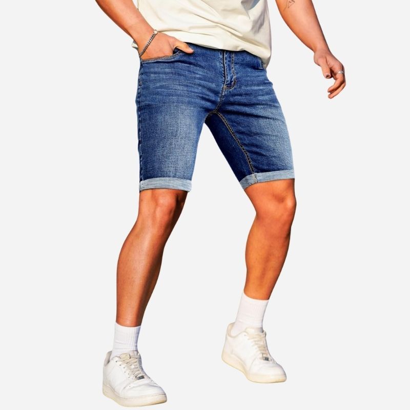 Denim shorts men stretch cuffed skinny jean short pants for men in navy, side view