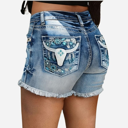 Embroidered Jean Shorts for Women High Waisted Distressed Denim Ripped Shorts