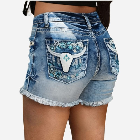 Embroidered Jean Shorts for Women High Waisted Distressed Denim Ripped Shorts