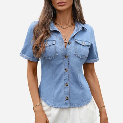 Fitted short sleeve denim shirt women button down slim fit jean blouse in blue