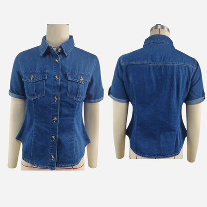 Fitted short sleeve denim shirt women slim fit jean blouse in navy, front and back views