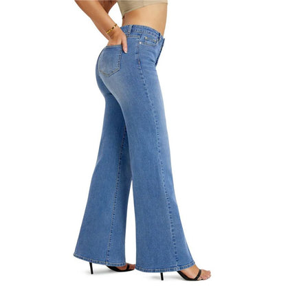 Flare jeans wide leg jeans for women high rise loose bell bottom denim in blue, side view