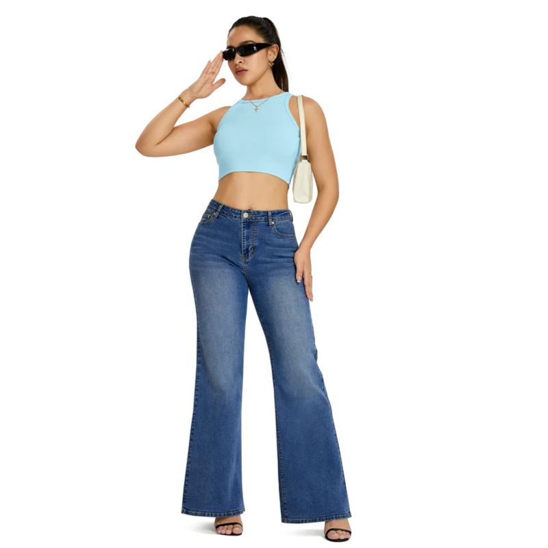 Flare jeans wide leg jeans for women high rise bell bottom denim in navy, front view