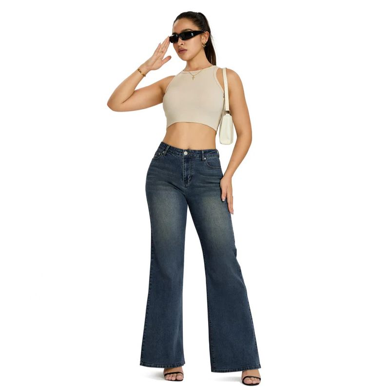 Flare jeans wide leg jeans for women high rise bell bottom denim in black, front view