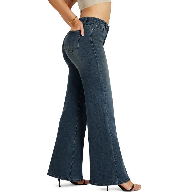 Flare jeans wide leg jeans for women high rise bell bottom denim in black, side view