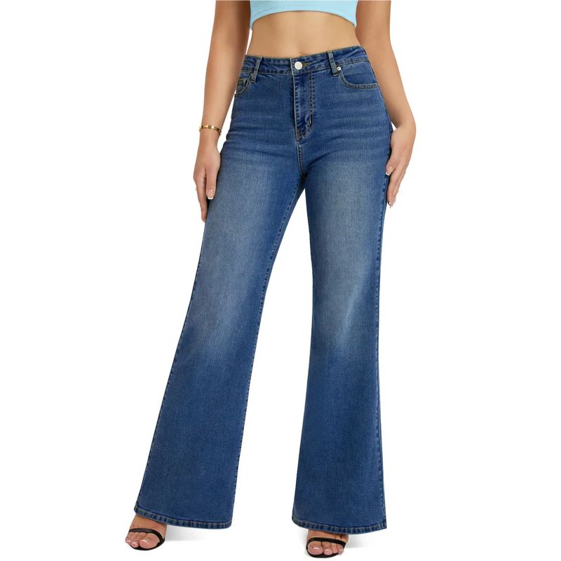Flare jeans wide leg jeans for women high rise loose bell bottom denim in navy, front view