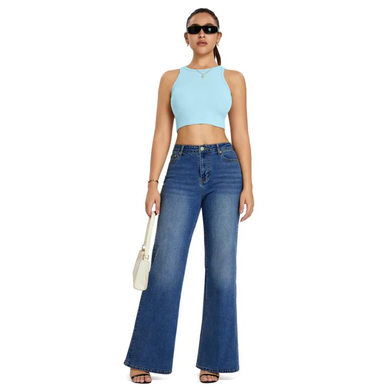Flare jeans wide leg jeans for women high rise bell bottom denim in navy, front view
