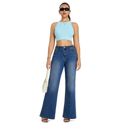 Flare jeans wide leg jeans for women high rise bell bottom denim in navy, front view