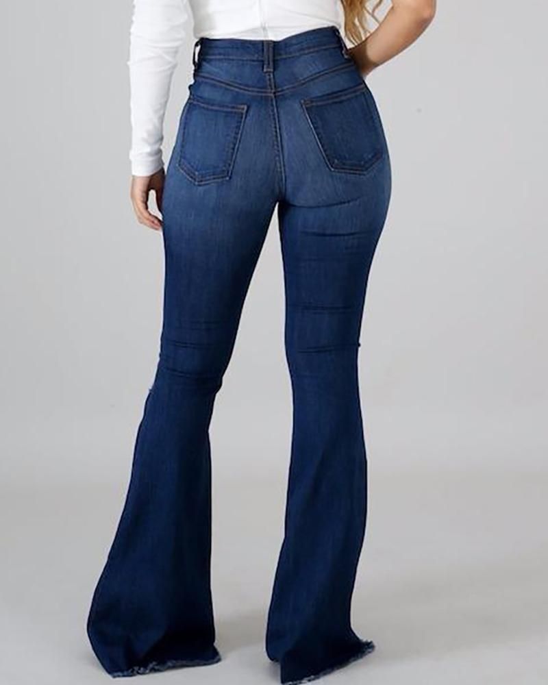 Flare Jeans Women High Waist Ripped Distressed Trousers Denim Pants