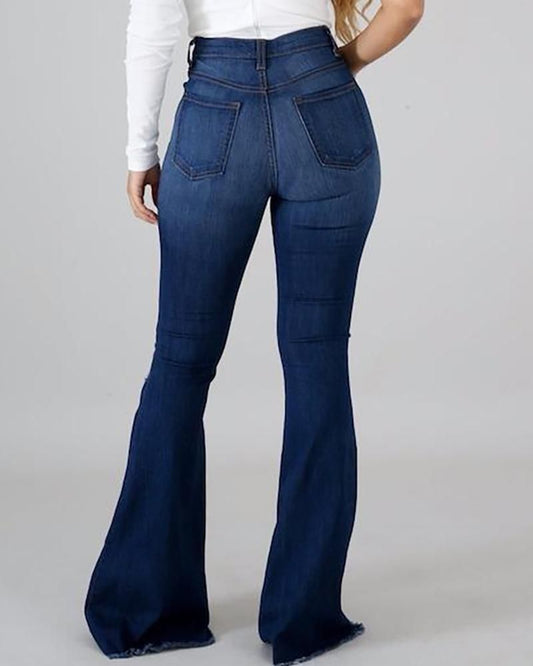 Flare Jeans Women High Waist Ripped Distressed Trousers Denim Pants