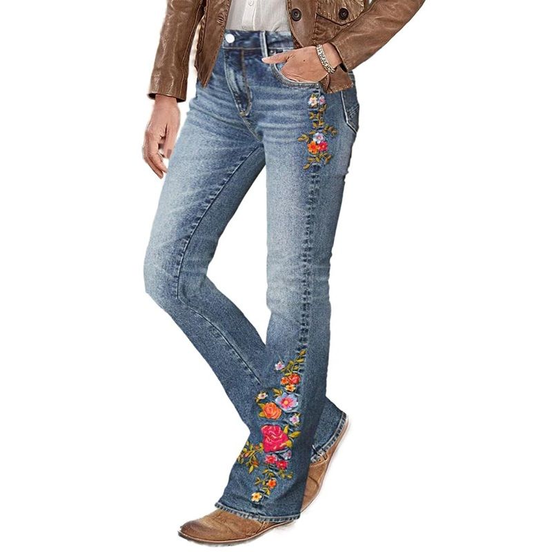 Women's Floral Embroidery Low Waist High Stretch Bootcut Jeans