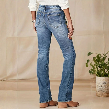 Floral embroidered skinny jeans 70's retro women's low rise slim fit stretch denim, back view