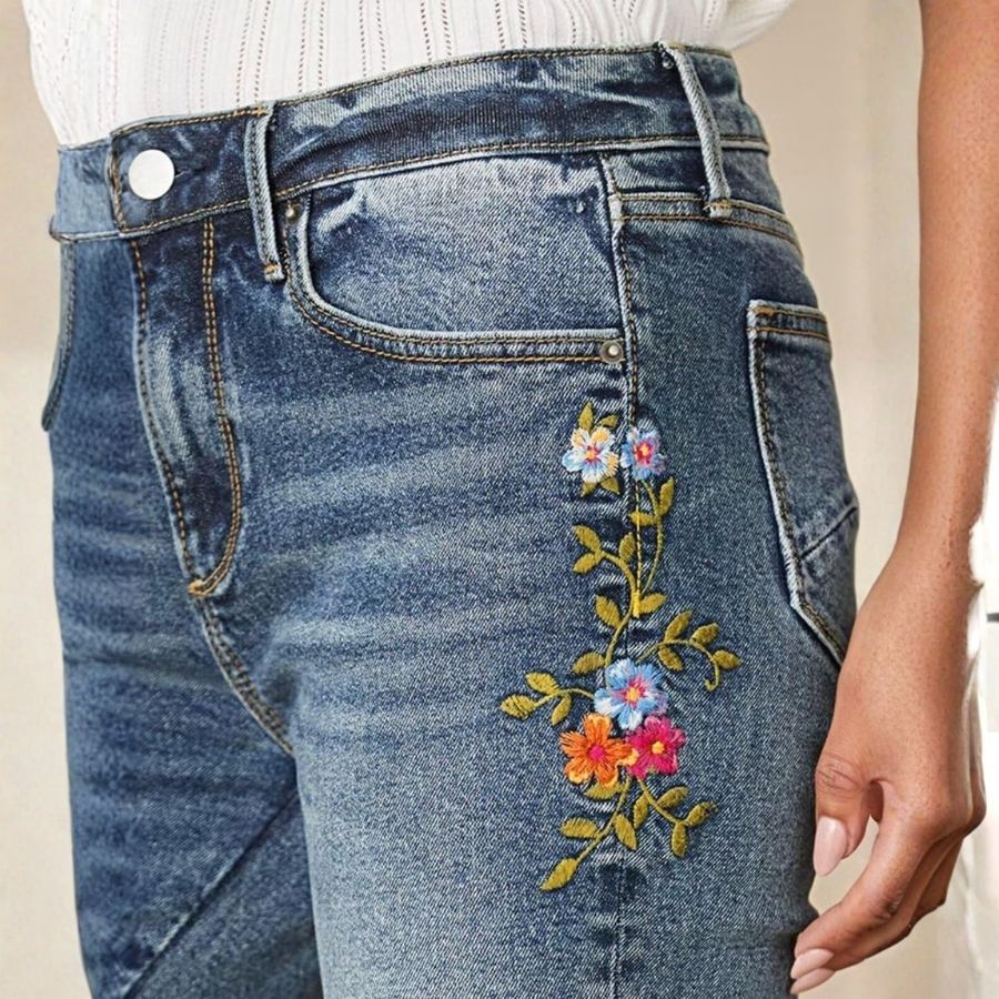 Floral embroidered skinny jeans 70's retro women's low rise slim fit stretch denim, details view