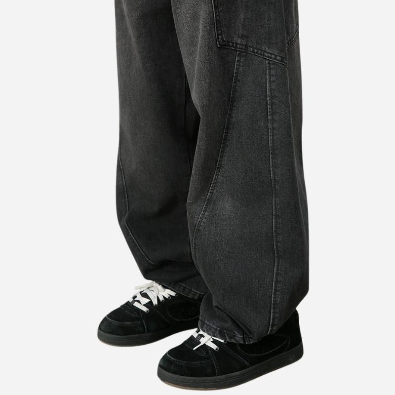 Hem details on men’s baggy wide leg straight jeans mid rise y2k loose fit denim pants in blue