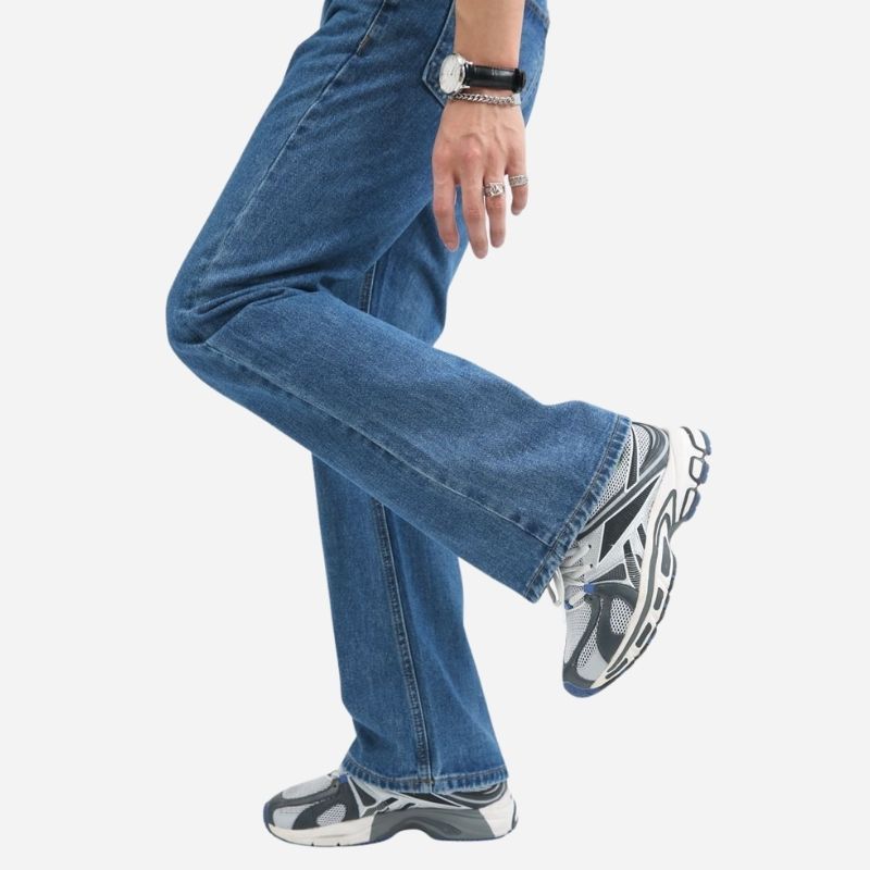 Hem details on men’s stretch straight leg jeans relaxed fit flared bell bottom denim pants in blue