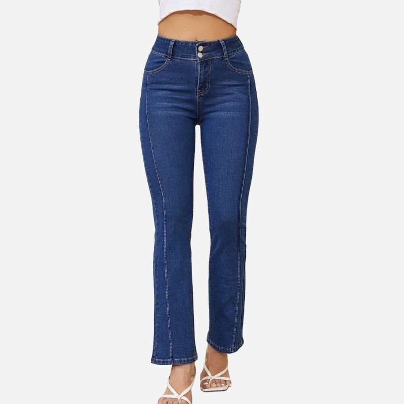 High waist bootcut jeans for women side stripe flare denim in navy, front view