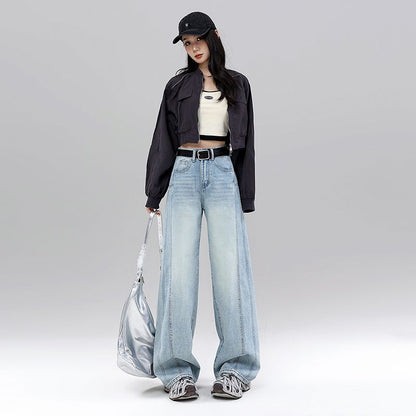 High Waist Curved Hem Straight Wide Leg Jeans Women Y2K Baggy Denim Trousers