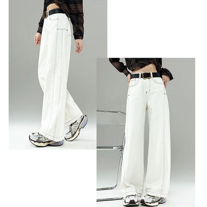 High Waist Curved Hem Straight Wide Leg Jeans Women Y2K Baggy Denim Trousers