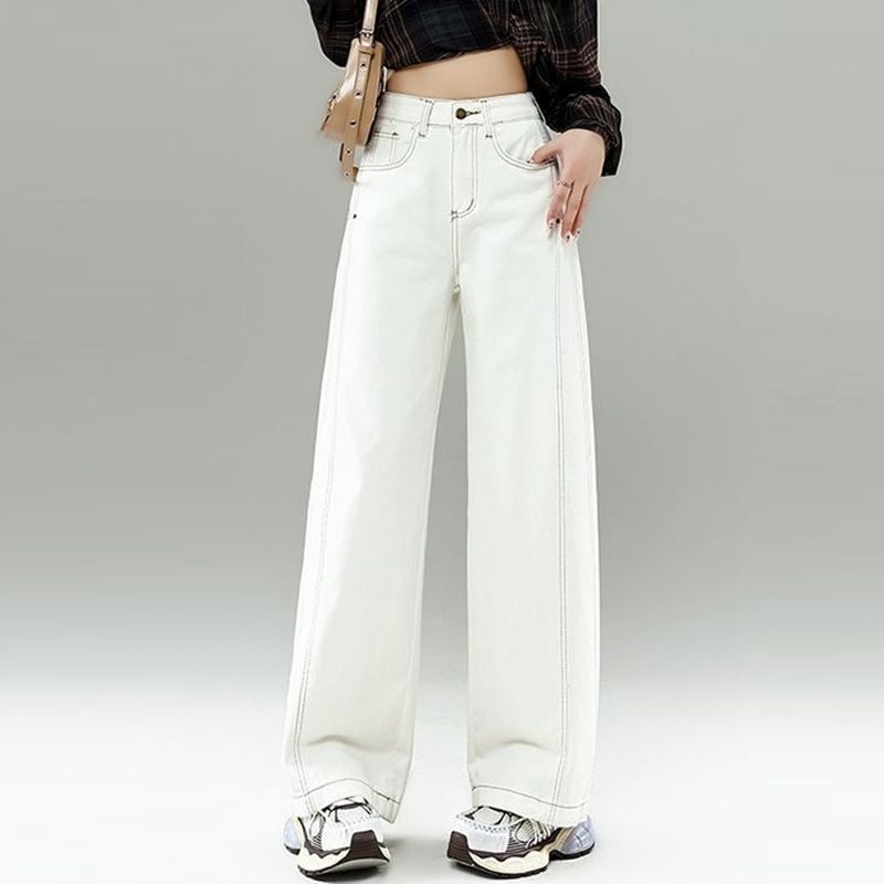 High Waist Curved Hem Straight Wide Leg Jeans Women Y2K Baggy Denim Trousers white color