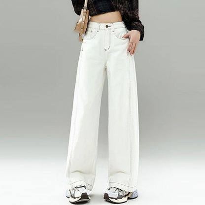 High Waist Curved Hem Straight Wide Leg Jeans Women Y2K Baggy Denim Trousers