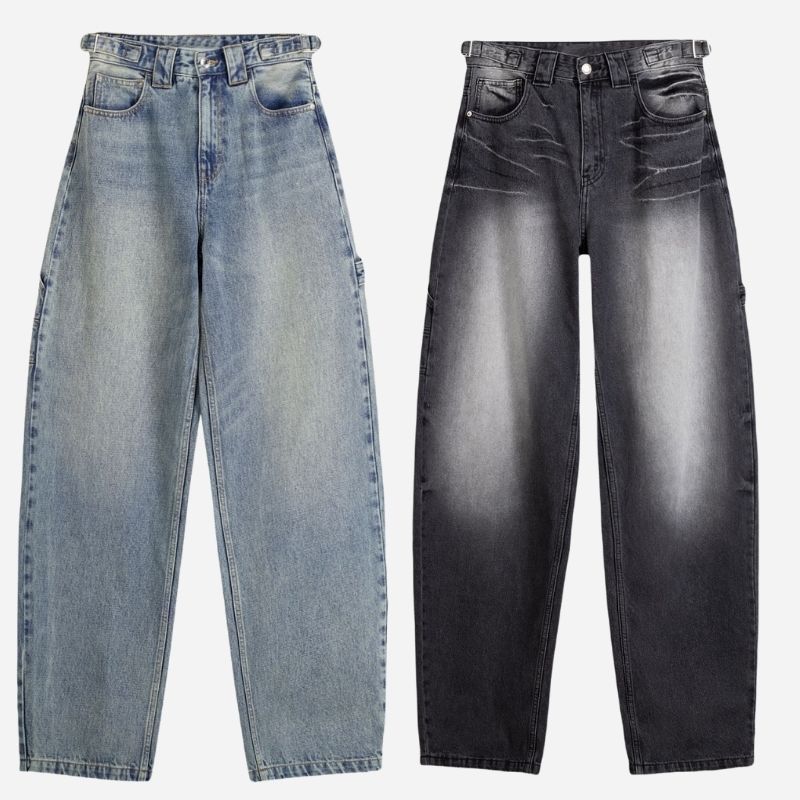 High waisted baggy wide leg jeans for women with cargo pockets denim, front view