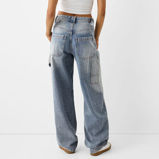 High waisted baggy wide leg jeans for women with cargo pockets denim in blue, back view
